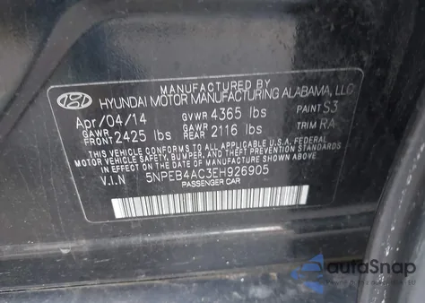 2014 Hyundai Sonata Gls z USA, uszkodzony, nr VIN 5NPEB4AC3EH926905